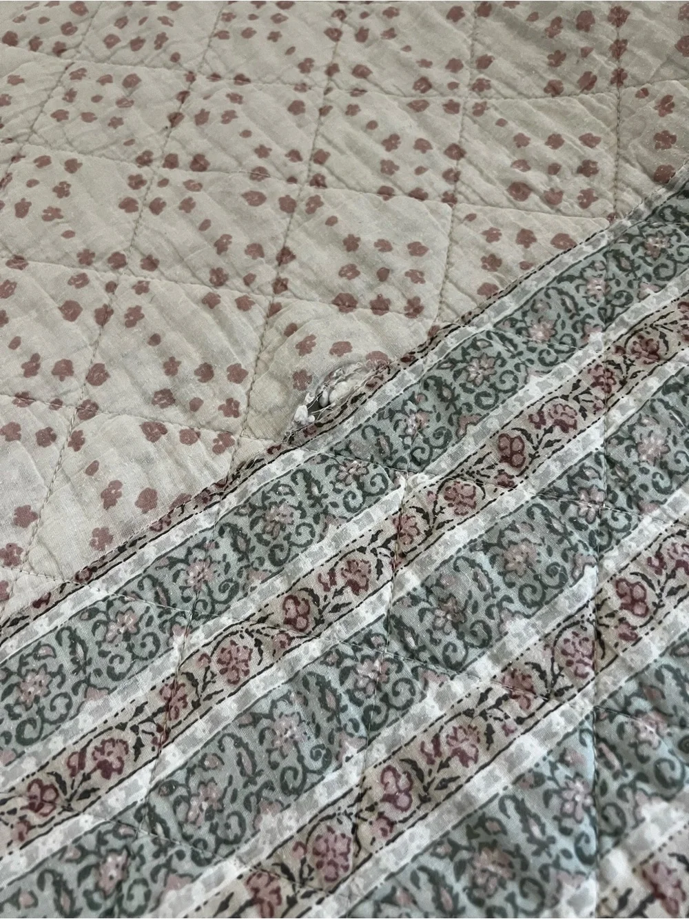 Shabby Chic Quilted Floral Bedspread in Sage and Blush